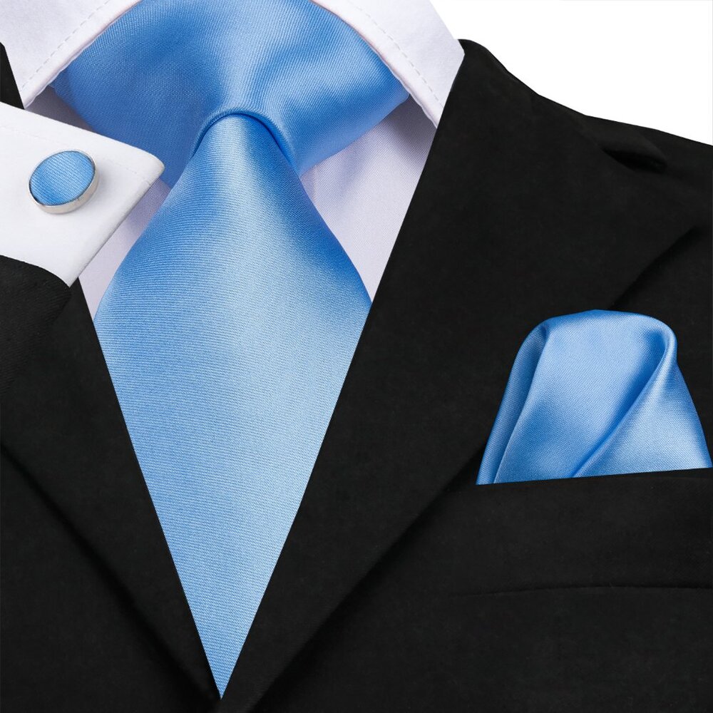 Light Blue Necktie Set with Hanky and Cufflinks